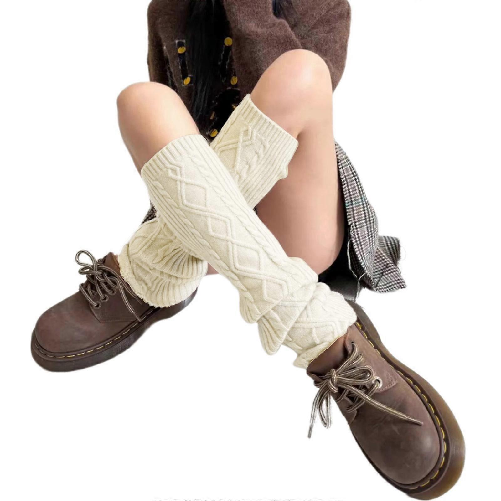 Jambières en tricot torsadé de laine douce avec motif losange élégant hiver chaud chaud bottes couvre-bottes chaussettes longues pour femmes blanc
