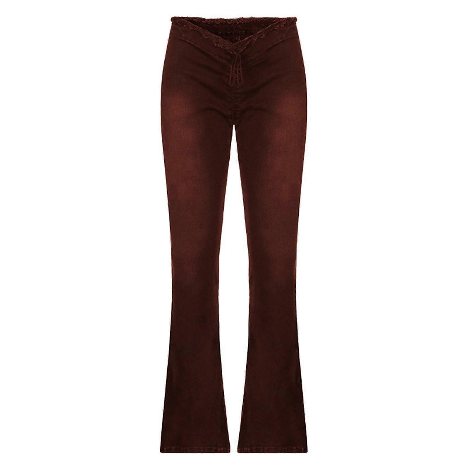 Women Flared Jeans Drawstring Frayed V Low Rise Bell Bottom Skinny Denim Pants  Brown S