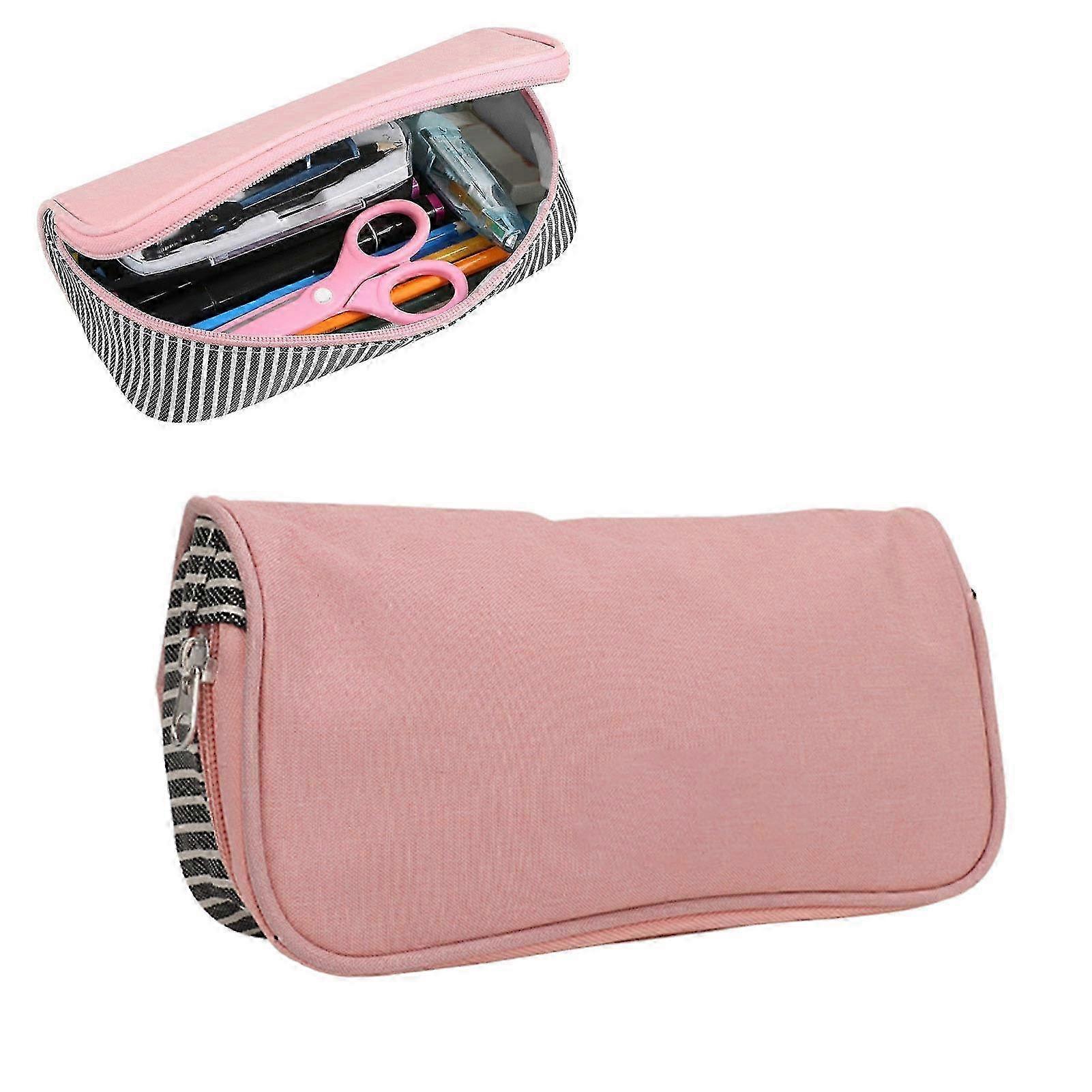 Large Capacity Pink Canvas Pencil Bag for Students