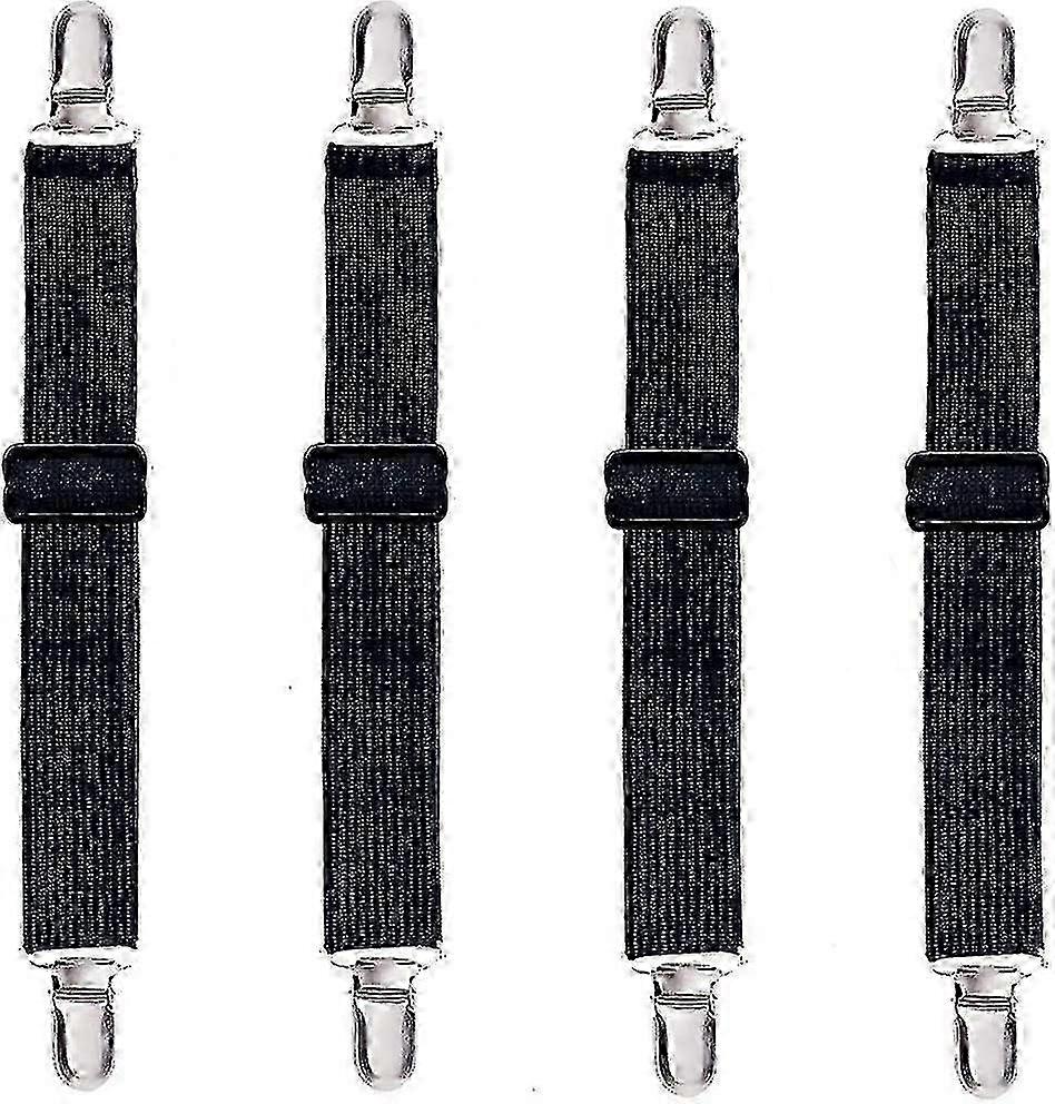 Adjustable Bed Sheet Fasteners Suspenders, Fitted Sheet Clips, Sheet Garters, and Elastic Holder Straps (4pcs, Black) for Use with Various B