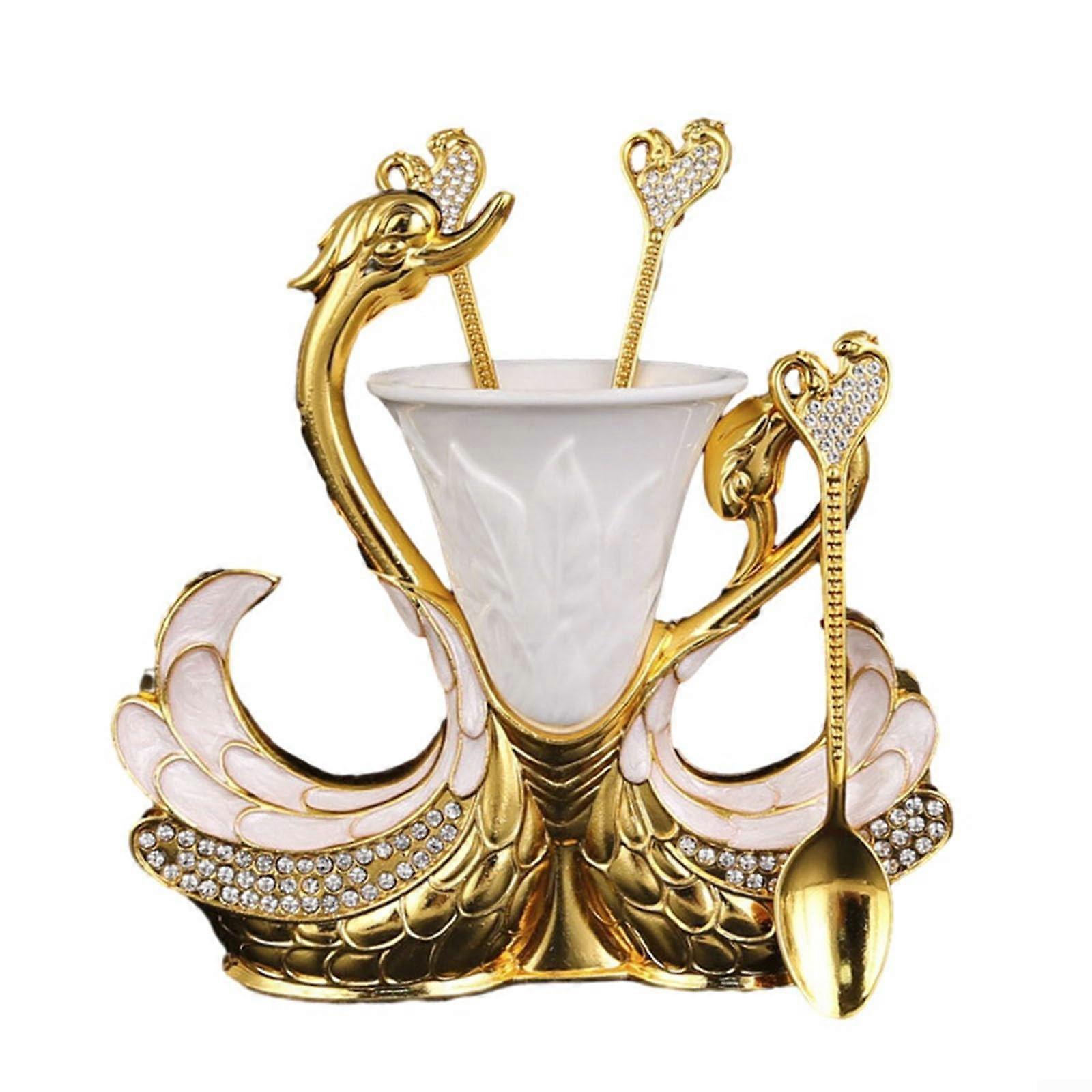 Schwanen-Basishalter Geschirr-Set with Gold Fork, Dessert Cutlery for Cake, Coffee, and Fruit Serving