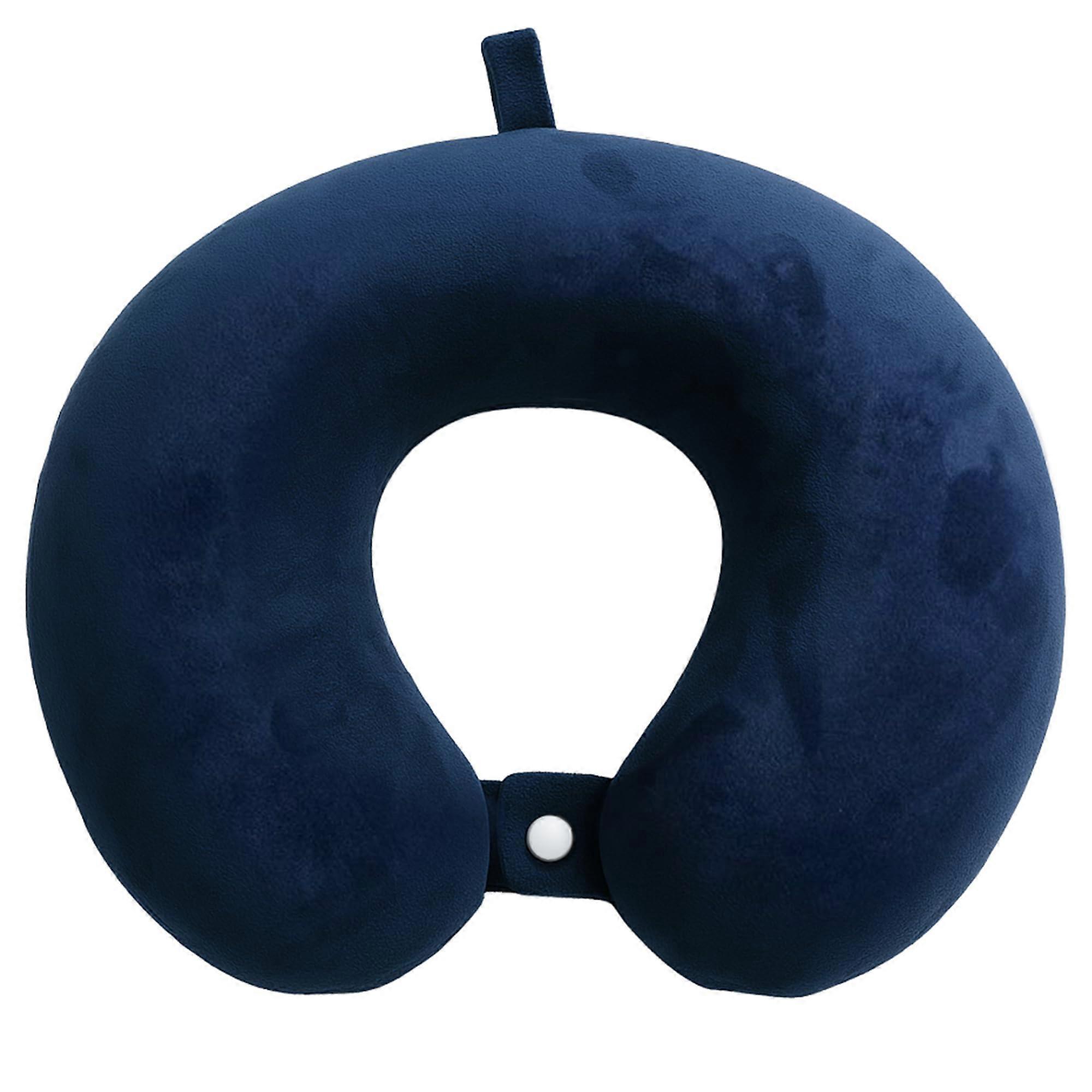 Travel Neck Pillow with Memory Foam, 360° Head and Neck Support, Compact Washable Cover for Plane, Car, Train, Home Office - Navy Blue