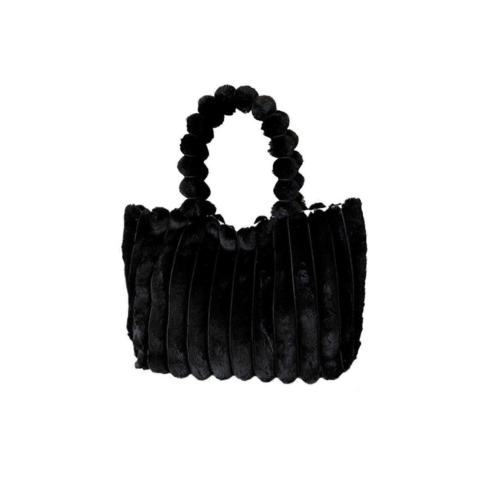 Women's Plush Handbag Large Capacity 1Pc Shopping Tote Shoulder Bag Black For Students And Commuters