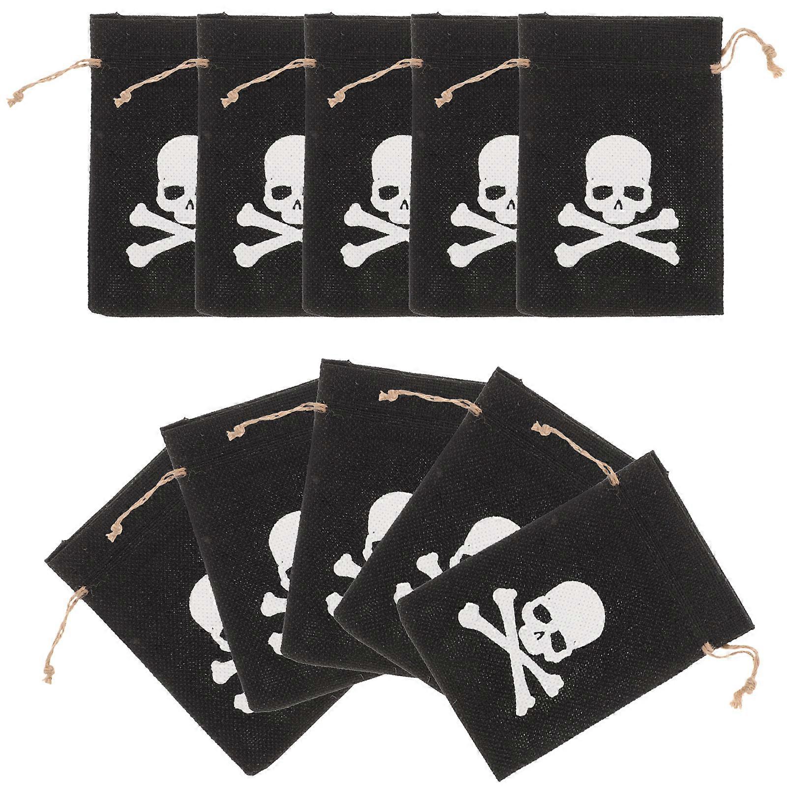Skull Print Drawstring Pouches 10 Pack, Reusable Black for Halloween Party Favors, Festival Candy Storage Sacks
