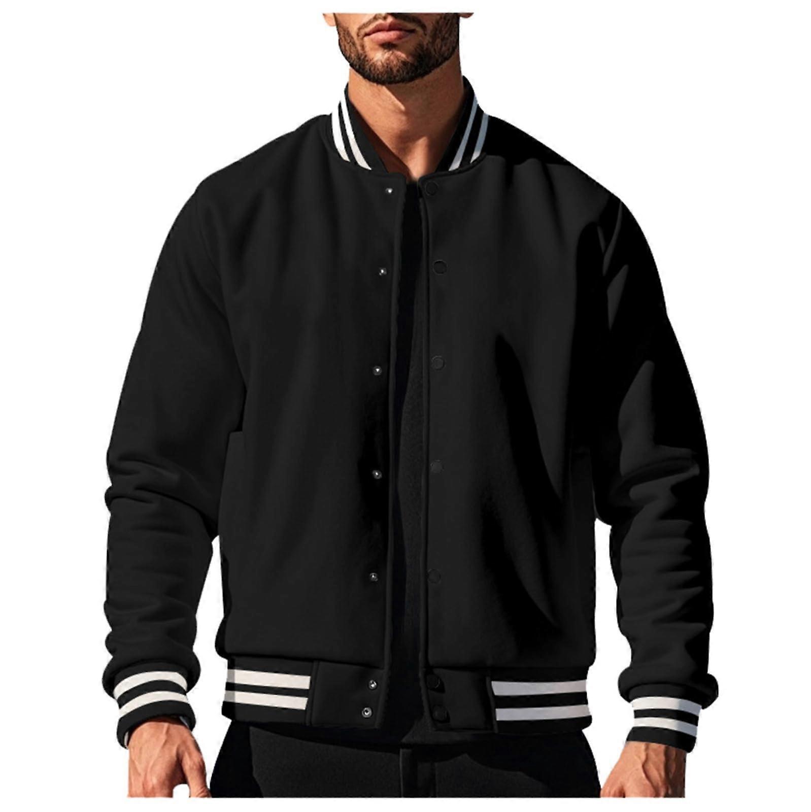 Bomber Jacket Men's Winer Transition Jacket Casual Lightweight Fleece Blouson With Pockets Stand-Up Collar Black L