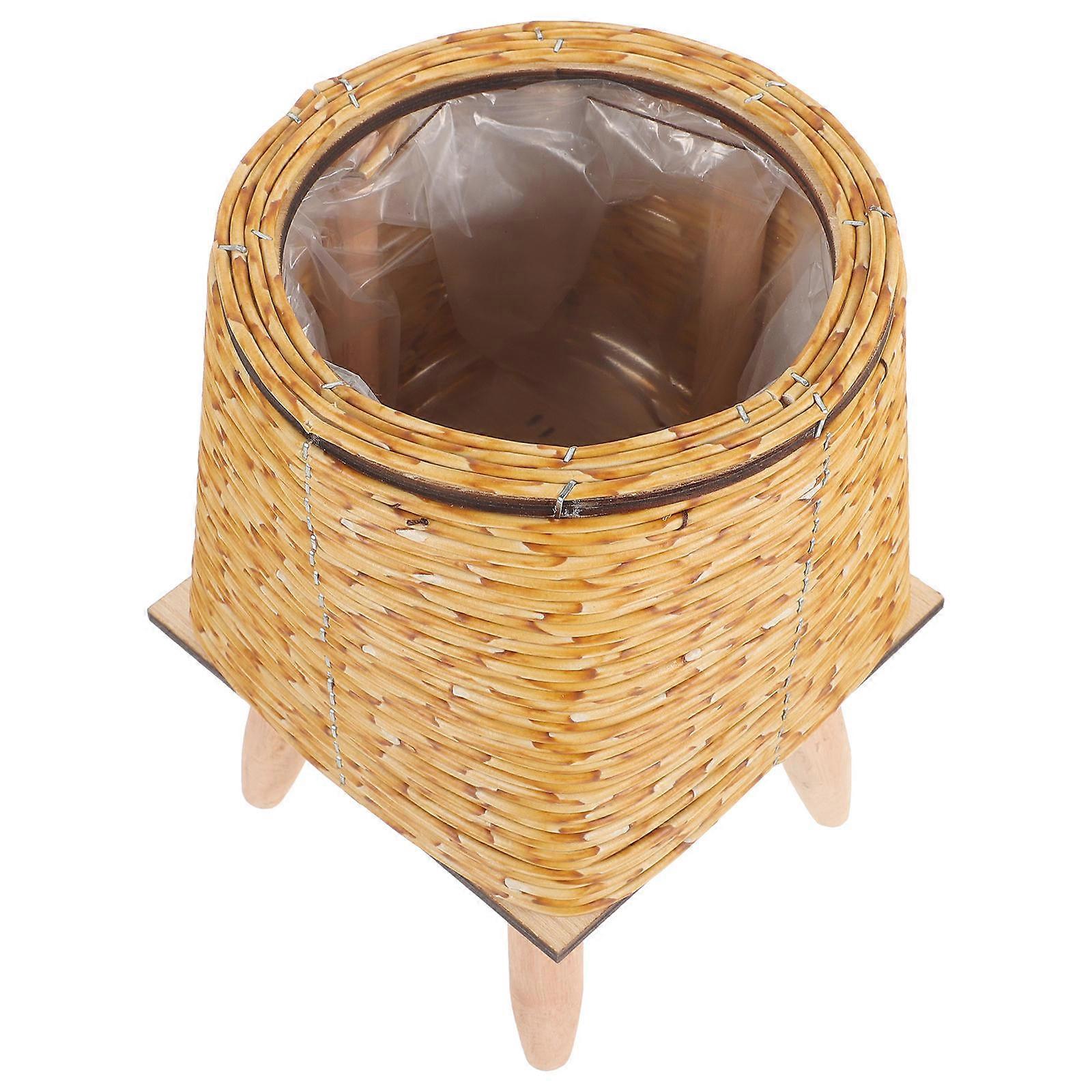 Nordic Style Wood Flower Planter Basket with Stand for Home Decor Light Brown