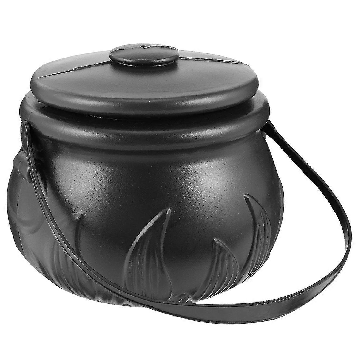 Black Cauldron Candy Holder with Handle – Large Halloween Decorative Bucket with Lid for Treat Collection