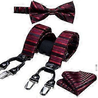 Suspender for Men Solid Red Silk Bowtie Set Cufflinks Elastic Wedding Suspender 6 Clips Bow Tie for Christmas Party
