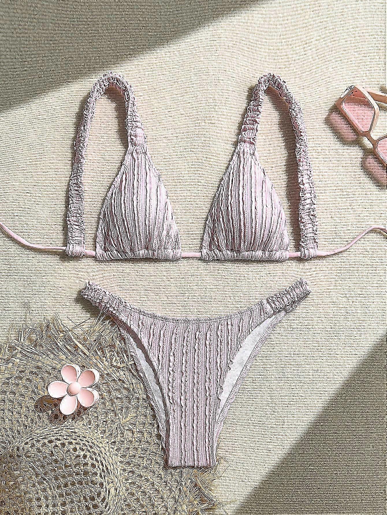 Women's Textured Pink Ruched Bikini Set Soft Ruffle Triangle Swimsuit Two-Piece