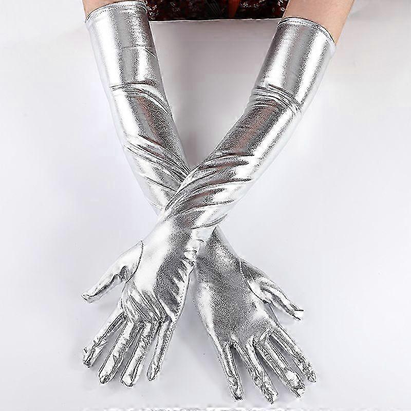 Silver Lack Läder Dans Handskar - Lång Längd, Belagd Stålrörsdesign för Performance Artistry