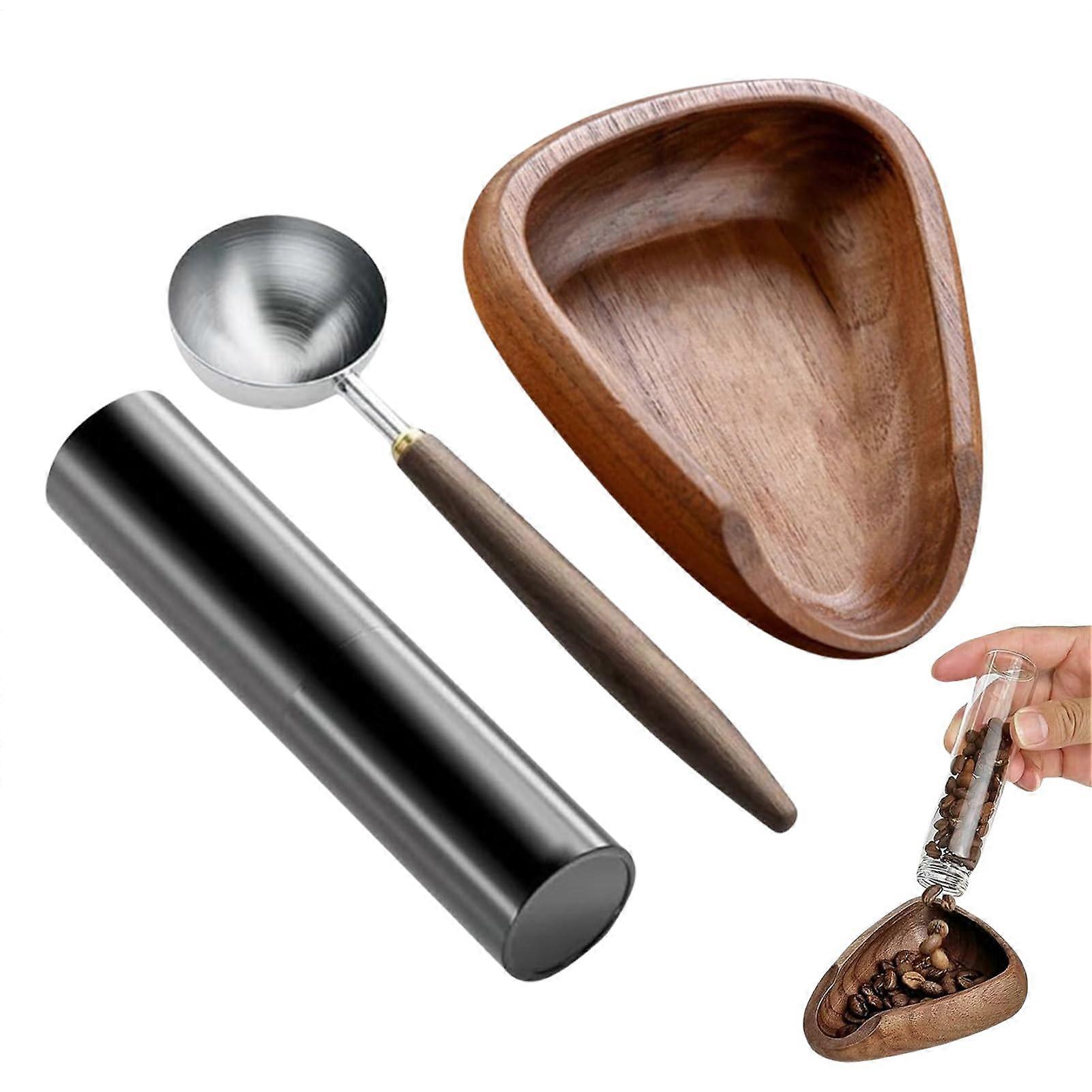 Coffee Bean Dosing Cup Set, 3.94x3.35in Wooden Brewing Tray with Spoon and Spray Bottle for Beginners and Professionals