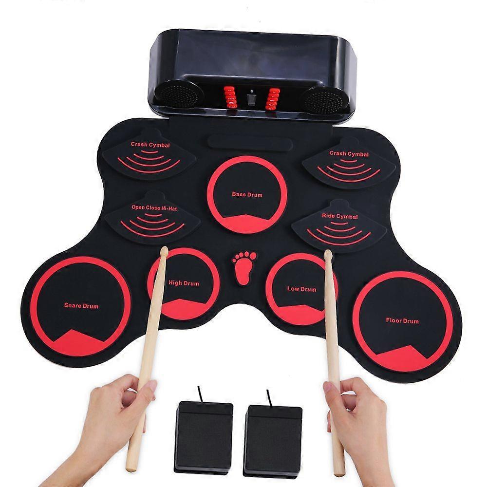 Portable Electronic Drum Set Digital Roll-Up MIDI Drum Kit 9 Silicon Durm Pads Built-in Stereo Speakers Rechargeable Lithium Battery with 2 Foot Pedal