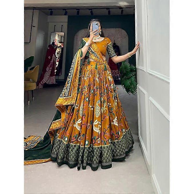 Woman's perfect Collection Tussar 真丝 Lehenga Choli Patola 印花,带箔作品,未缝线衬衫,