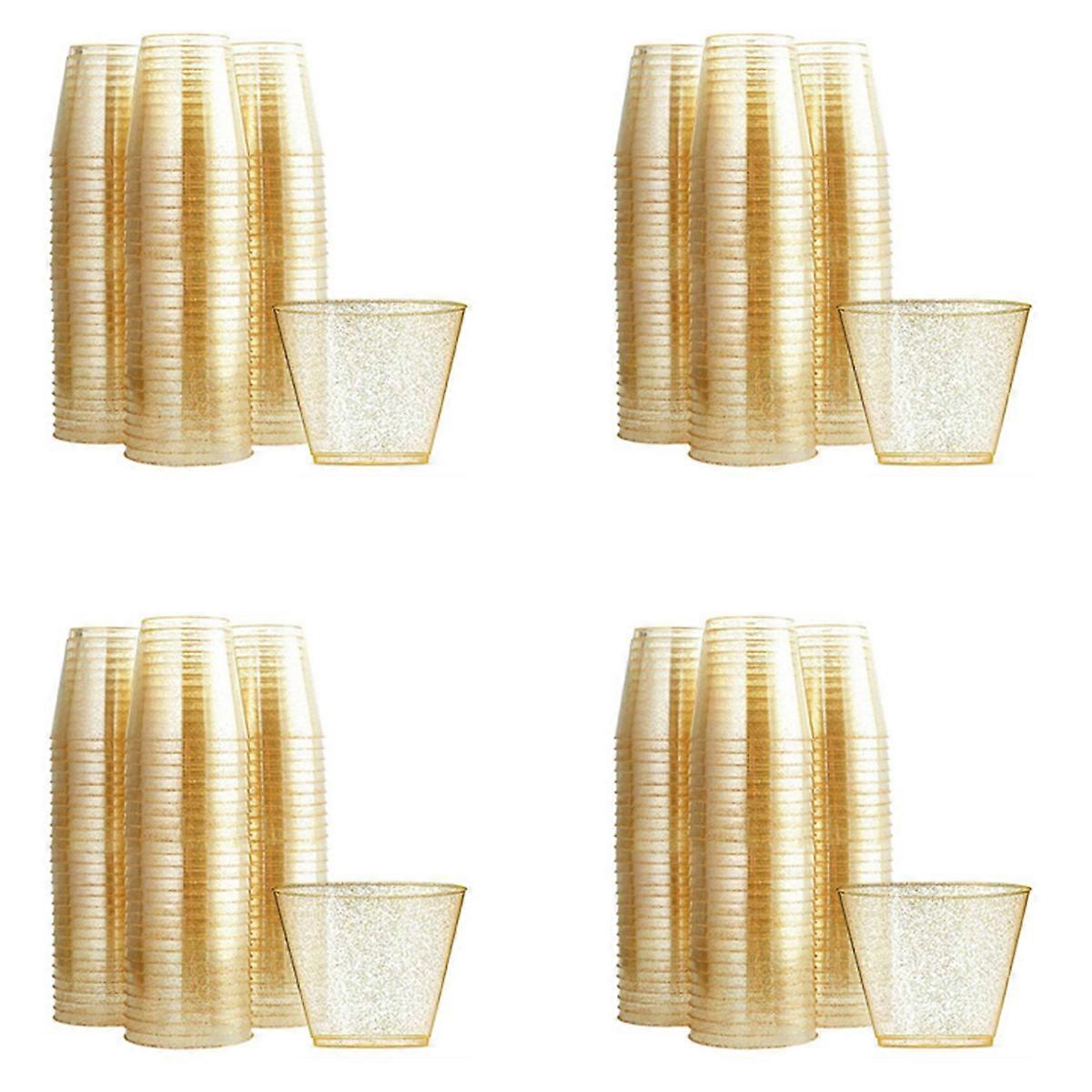 Gold Plastic Cups Clear Plastic Wine Glasses, Fancy Disposable Hard Plastic Cups with Gold Glitter f