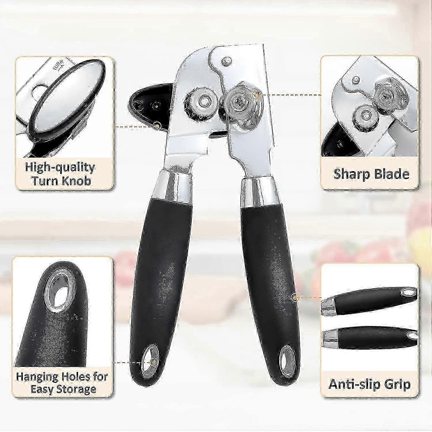Can opener with black ergonomic non-slip handle for easy and safe can opening