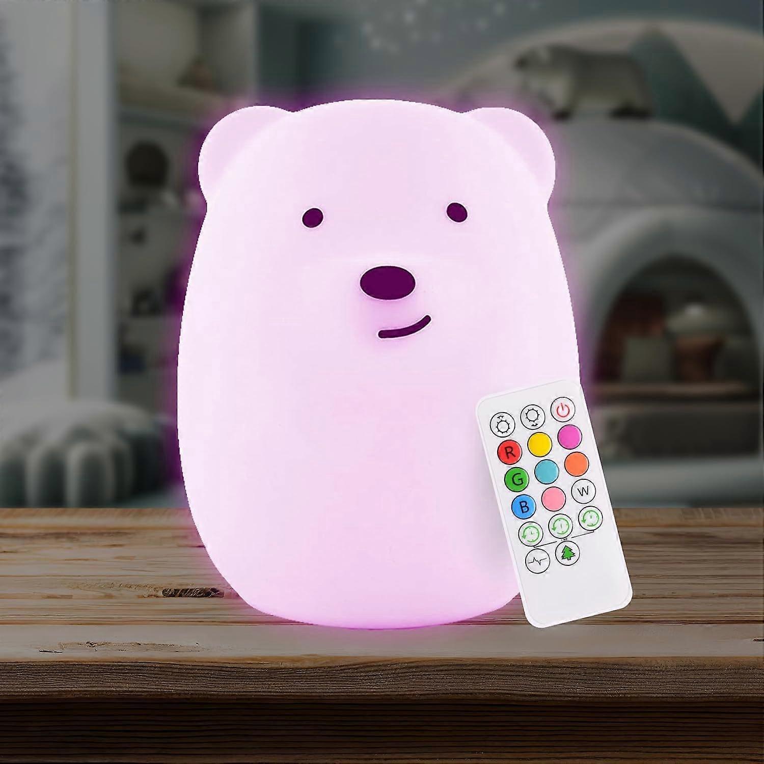 Remote Control Silicone Night Light for Kids - Bear Design with 9 Soft Colors & Sleep Timer(White)