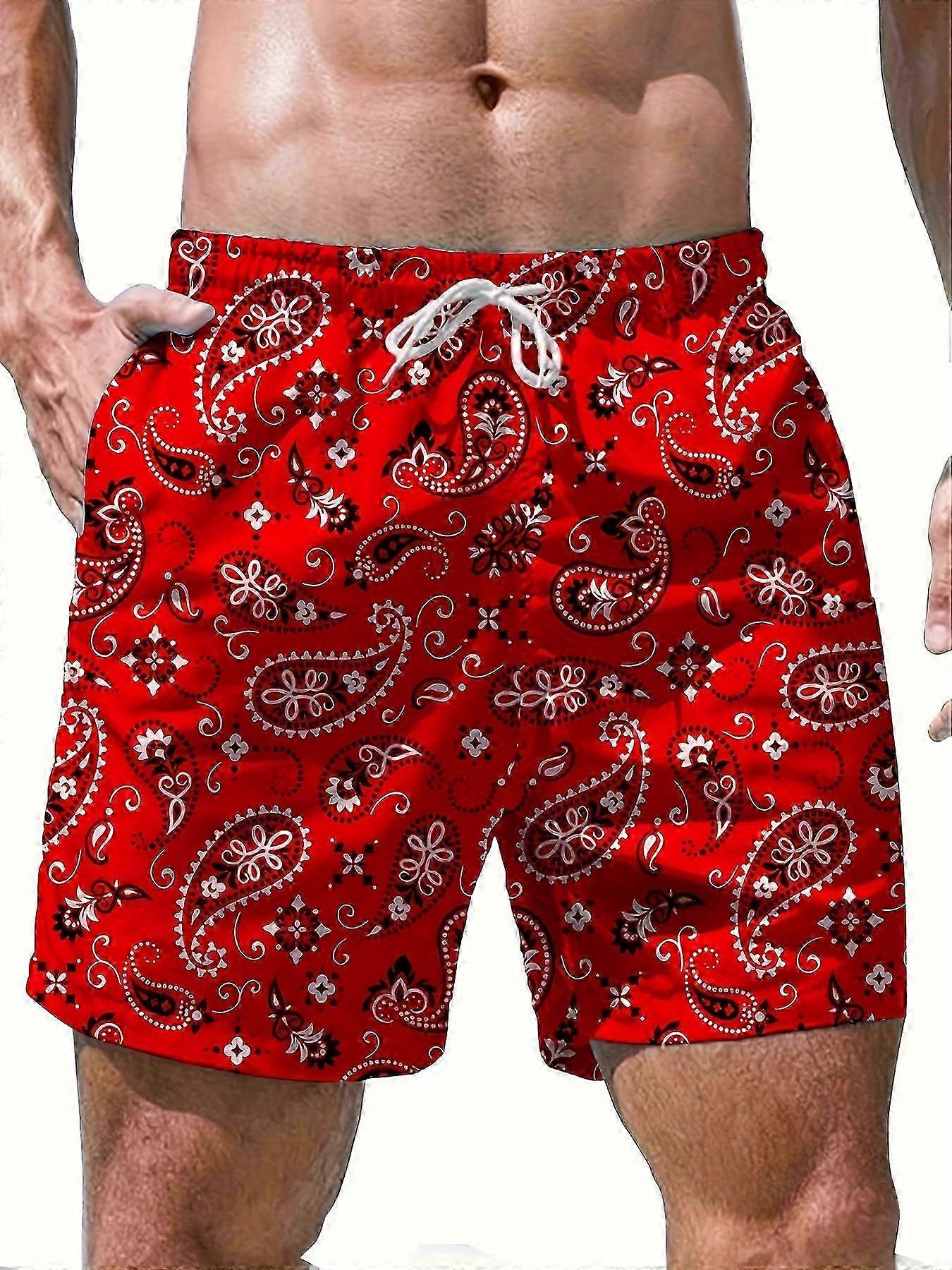 2025 New style Men's Stylish Summer Paisley Pattern Drawstring Shorts With Pockets, Beach Vacation And Pool Party