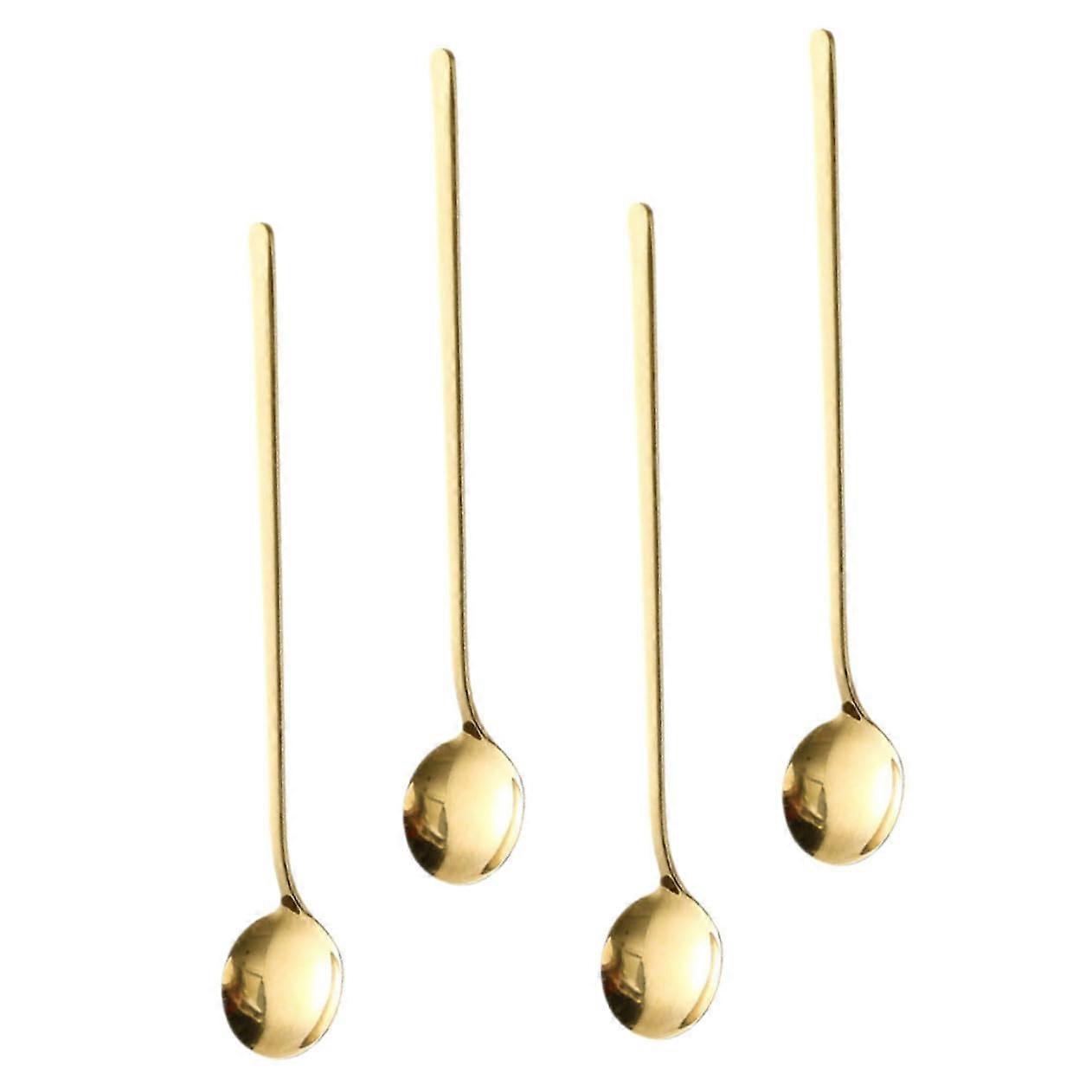 Dessert Spoons Gold Stainless Steel Long Handle Set of 4 Ice and Honey Spoons Coffee Stirring Polished Edges