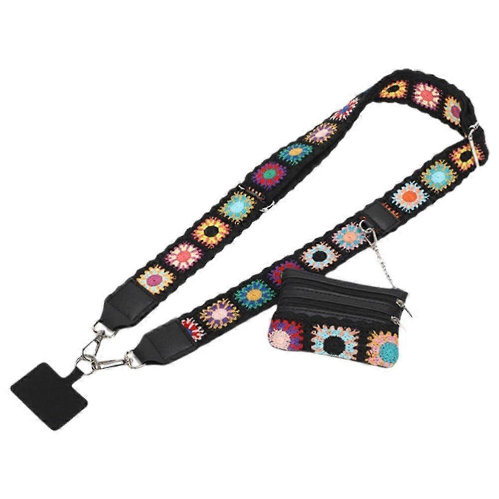 Phone Strap with Weaving Pattern, Adjustable Crossbody Lanyard for Cellphones, Black Wallet with Zippered Pouch Compatibility