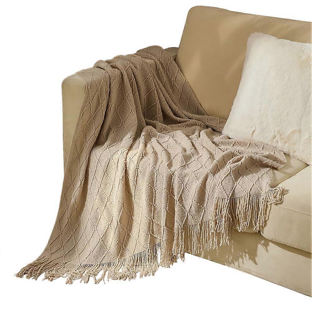 Boho Throw Blanket With Tassels, Soft Cozy Diamond Check Pattern, Lightweight AllSeason 127x180 cm Khaki For Sofa Bed