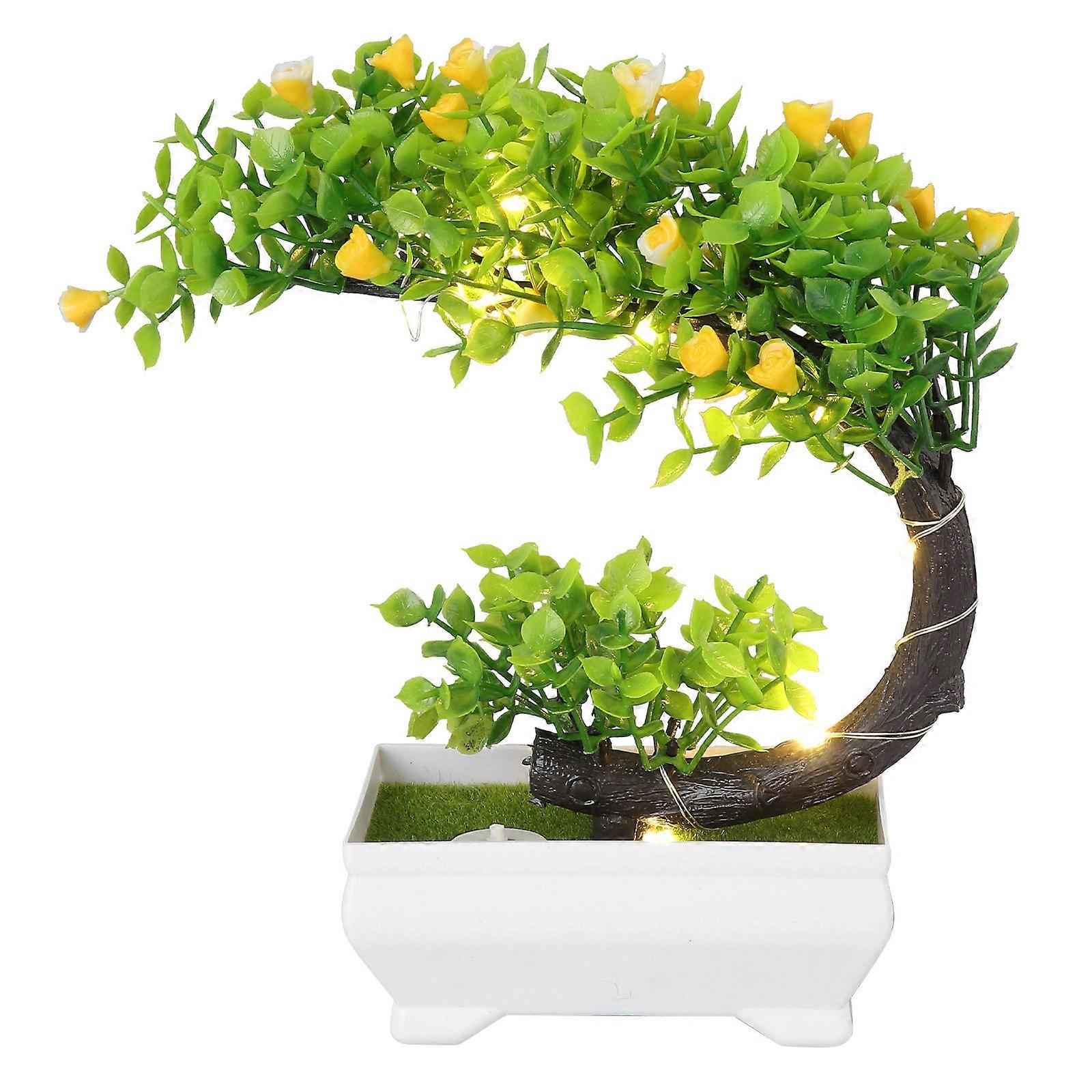 Simulation Bonsai Adornment with Lamp 2Pcs Potted Plant for Decor