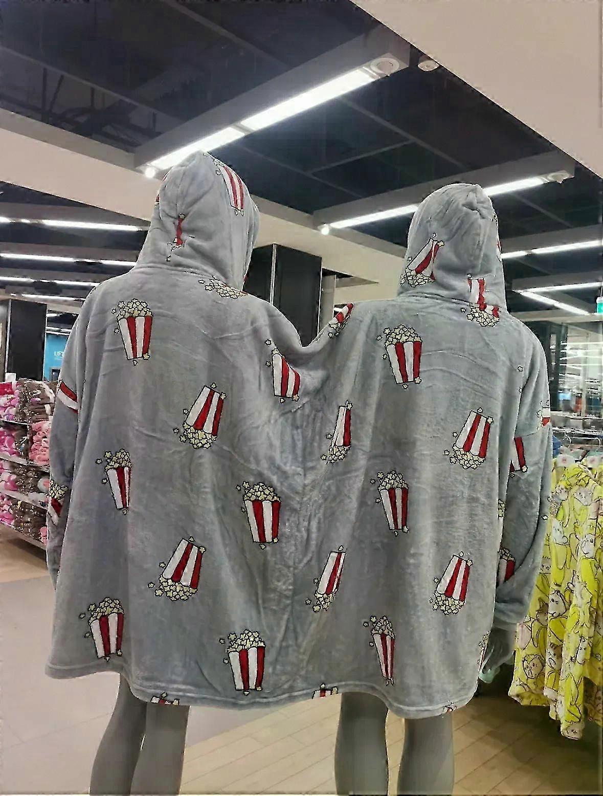 Avocado Pattern Double Snuddie Popcorn Couple Pajamas Plush Hooded Blanket One Size For Adults