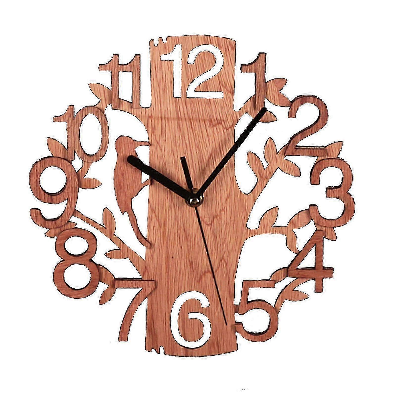 Wooden Silent Hanging Clock Carved Bird Design Natural Grain 22x22cm Double-Layer Wall Clock Home Decorative, Requires 1 AA Batter-Good