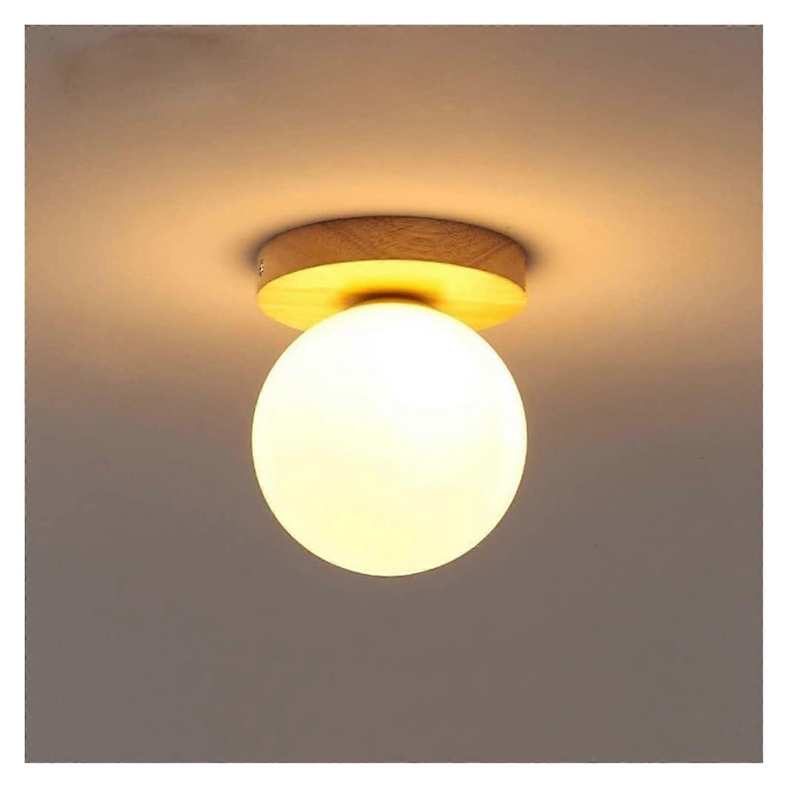 Ceiling Lamp Globe White Glass Semi Flush Mount Wood E27 Socket Ceiling Light Fixture For Hallway Foyer Stairwell