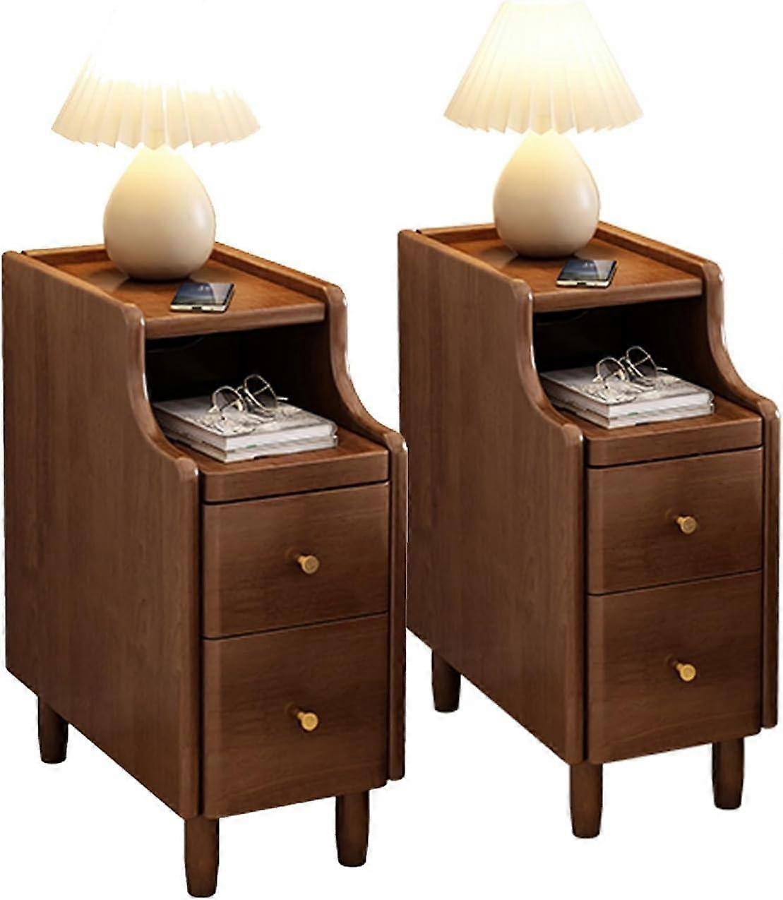 Narrow Bedside Table Set Of 2 With Drawers, Tall Nightstand Cabinet, Slim End Tables, Brown Finish, 20cm Deep