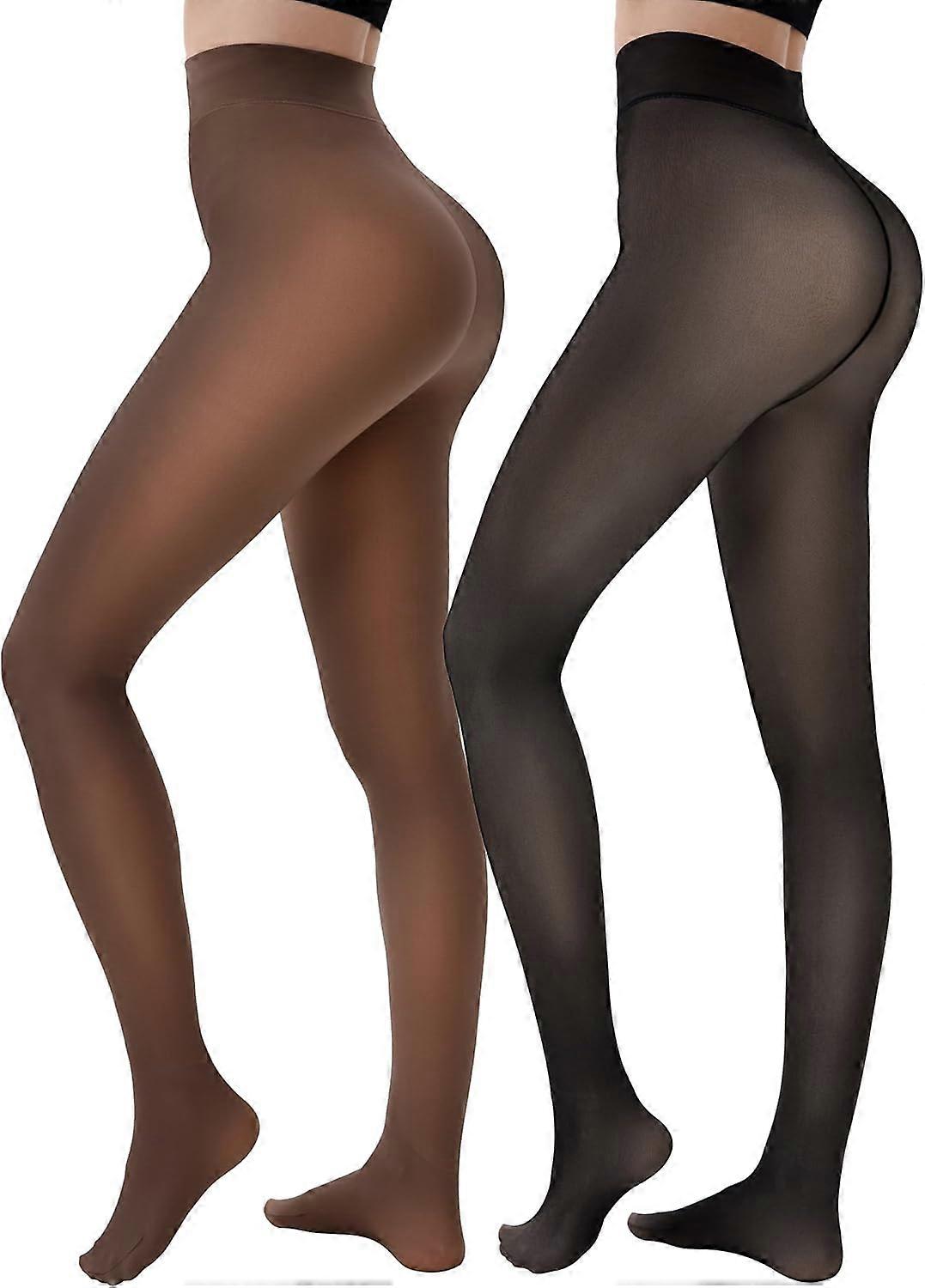 2 Pairs Fleece Lined Tights Women - Warm Sheer Pantyhose Fake Translucent Tights Winter Thermal Leggings  Fake Translucent Black+coffee   Small