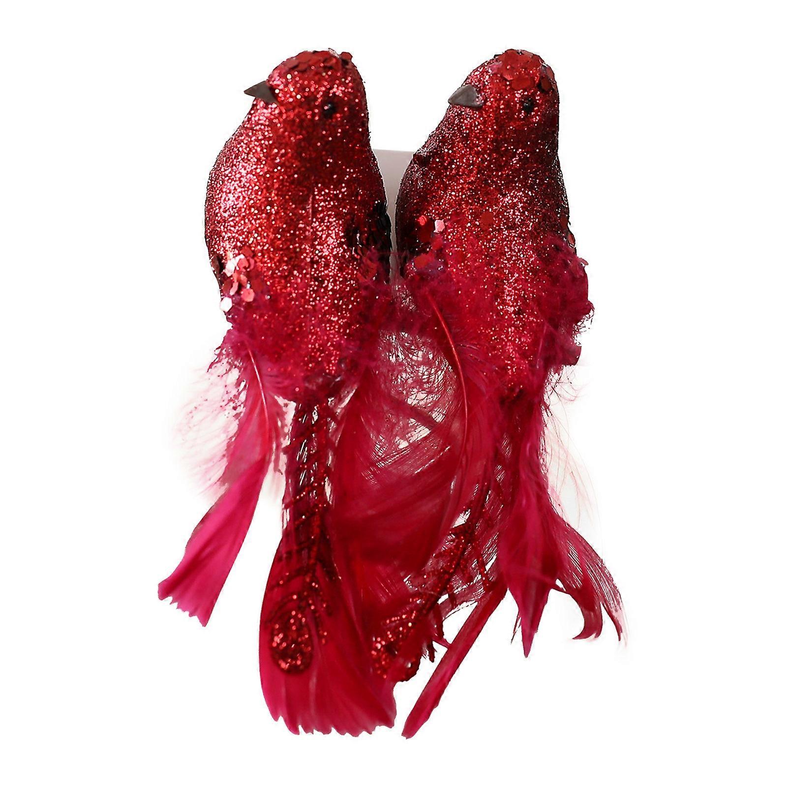 2Pcs Christmas Tree Decorations Sparkling Artificial Feathered Foam Bird Ornament For Mantels Window Holiday Decoration  Wine red