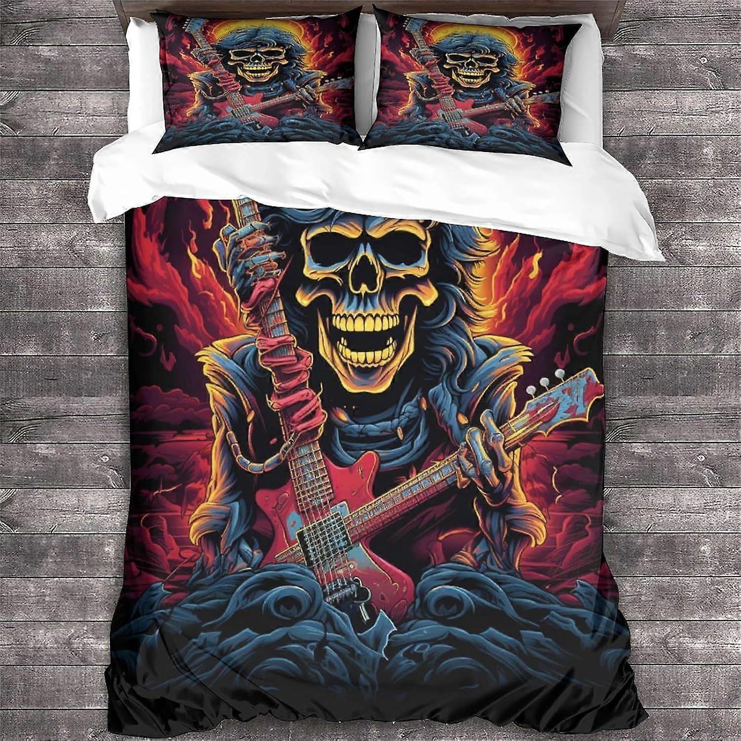 مجموعات الفراش من روك أند رول مجموعة غطاء لحاف الغيتار المعدني الثقيل 3 قطعة ، ستوكات 3D جمجمة غرفة نوم لحاف مجموعة الملك