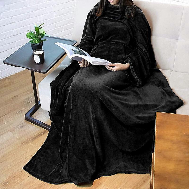 Fleece Wearable Blanket with Sleeves, 150x180cm Warm Soft Fleece TV Blanket with Pocket, Hook and Loop Fastener