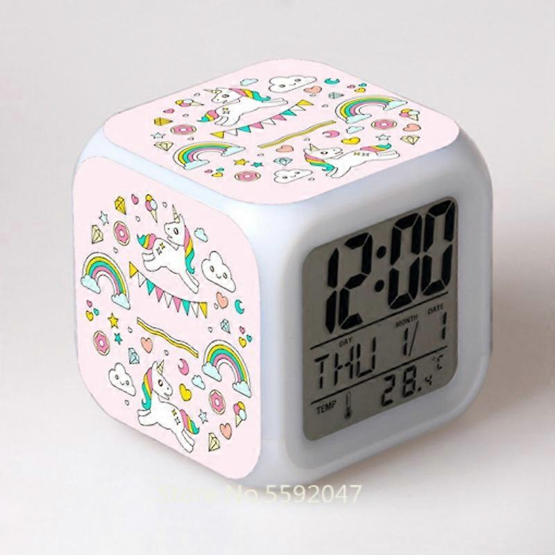 Anime Colorful Unicorn Cartoon Alarm Clock Creative Student 8x8x8cm LED Cube with Colorful Light Display Time Week Month
