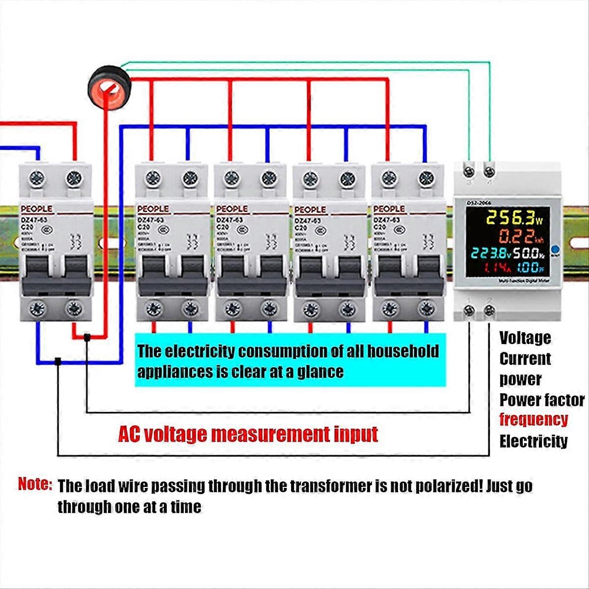 D52-2066 Energy Meter Din Rail Electricity Usage Monitor 100A Voltmeter Ammeter Watt Kwh Frequency P