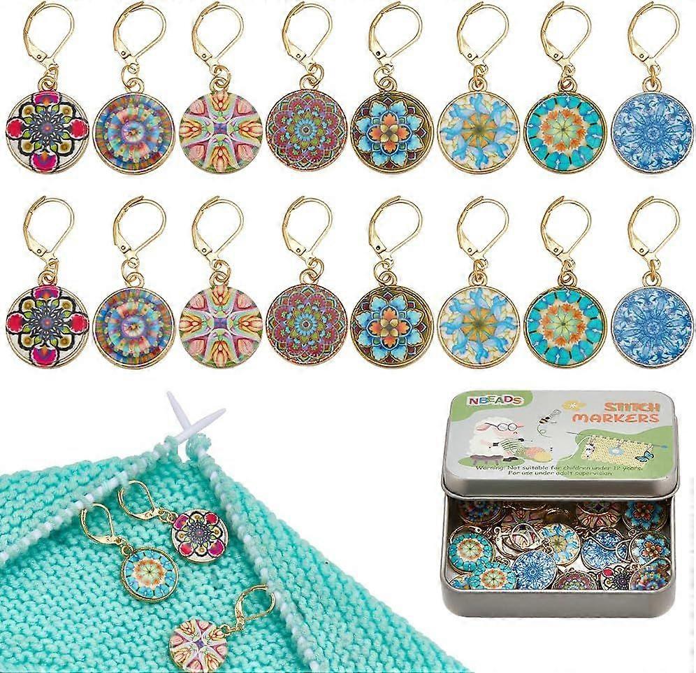 16 Pcs 8 Styles Flat Round Stitch Markers Alloy Enamel Crochet Stitch Marker Vintage Flower Locking Stitch Marker with Leverback Locking Knitting Croc