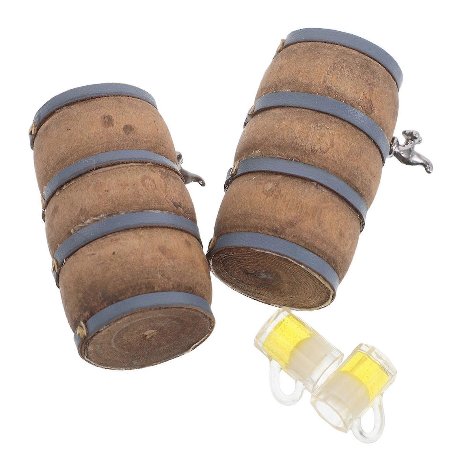 Miniature Wine Barrel Model with Faucet and Wine Glass for 2Sets Decor