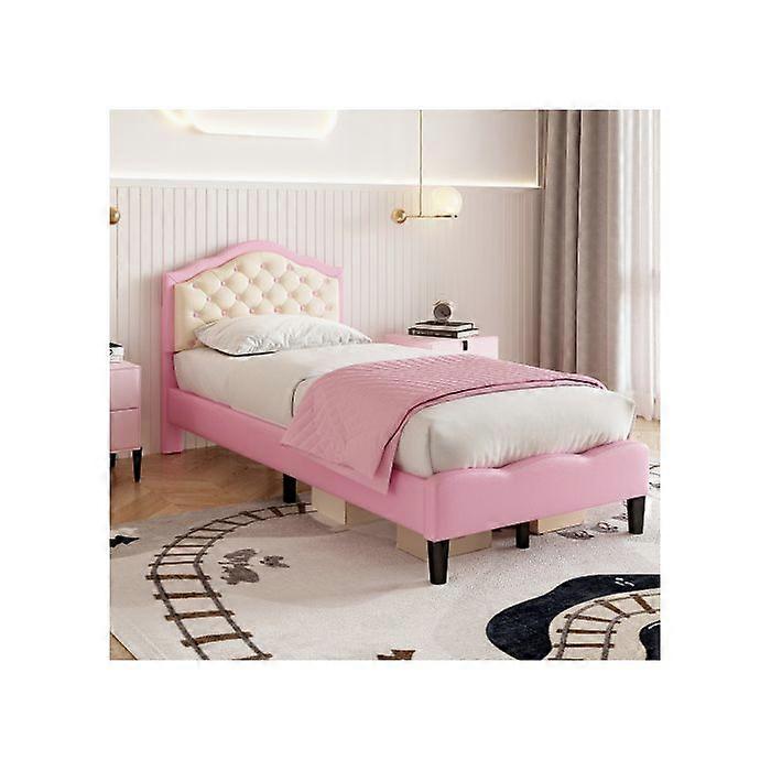 Simple padded bed frame of 91 cm, spring mattress not required, easy assembly, pink + beige (mattress not included)
