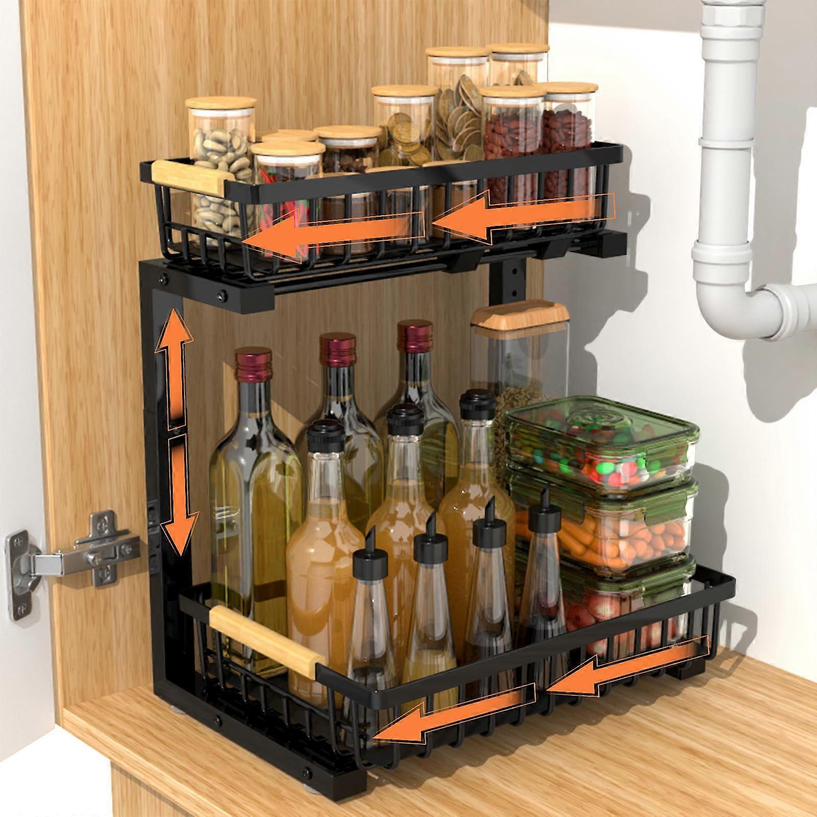 Under Sink Organizer with Adjustable Height, 2 Tier PullOut Kitchen Cabinet Shelf for Bathroom and Kitchen, Black
