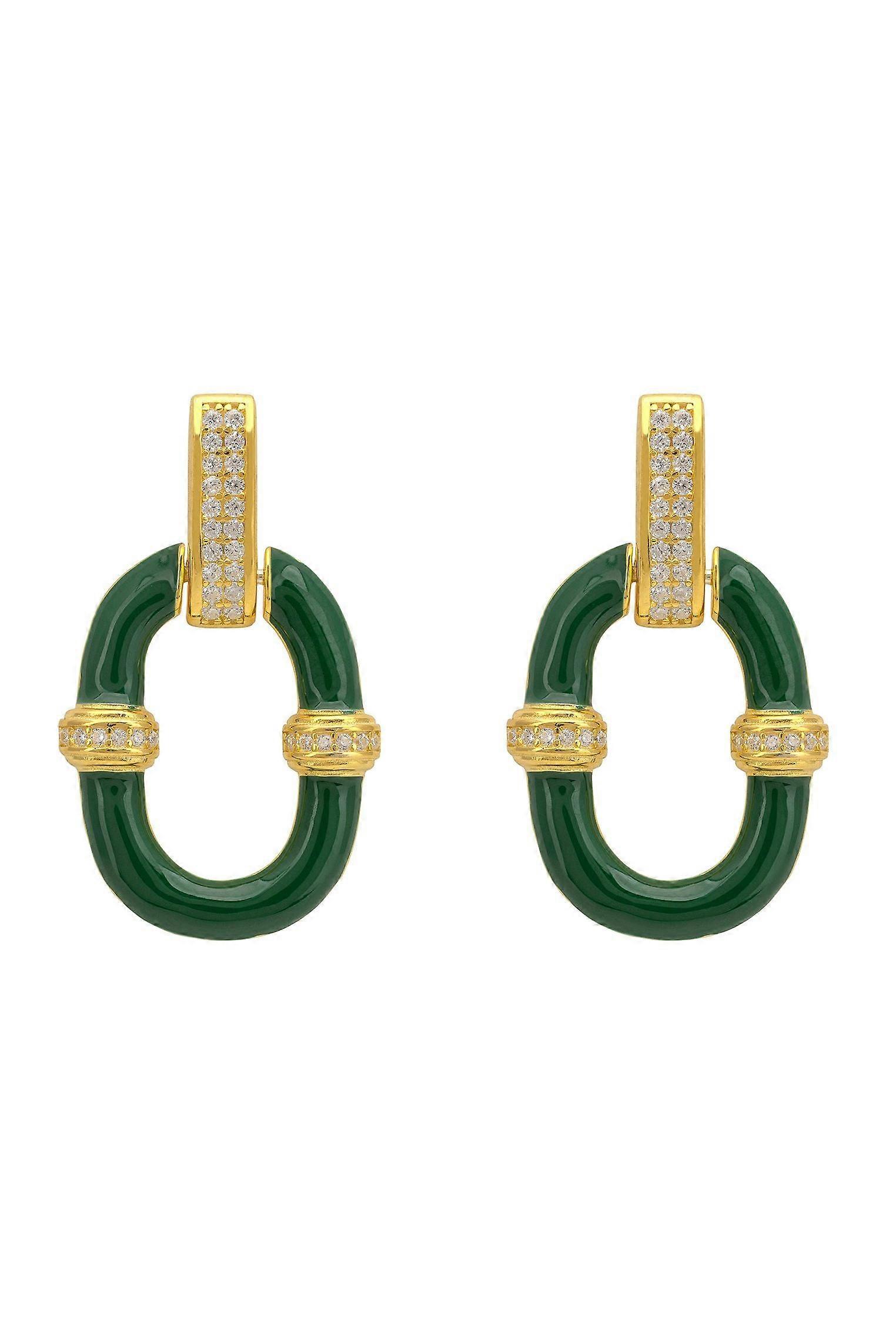 Emerald Green Enamel Oval Drop Earrings Gold