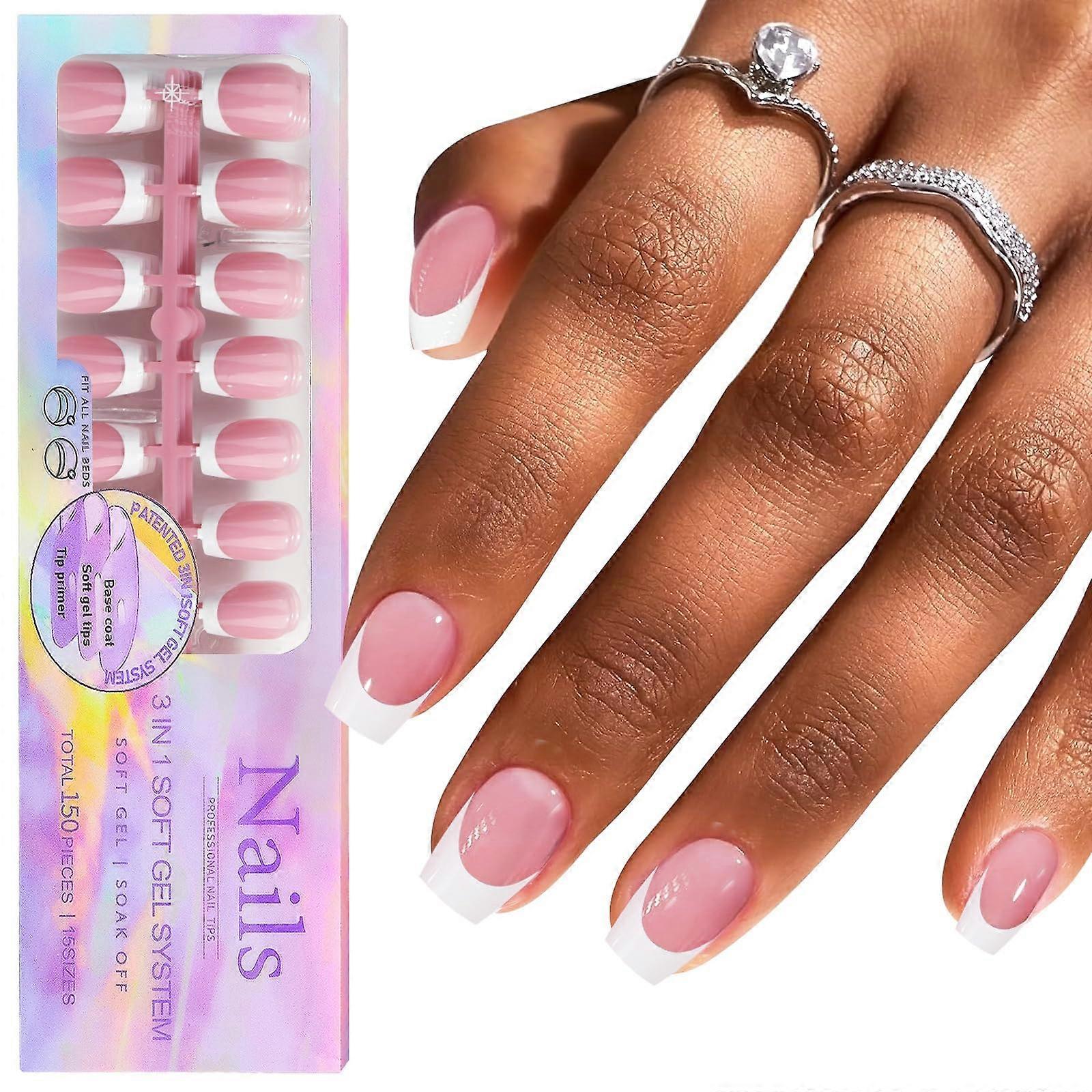 French Tip Press On Nails 150PCS Short Square Pink Gel Nail Tips with Preapplied Base Coat
