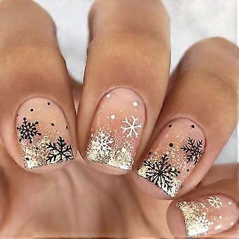 Christmas Press On Nails Short Square Black White Gold Glitter Snowflake Design 24pcs Set
