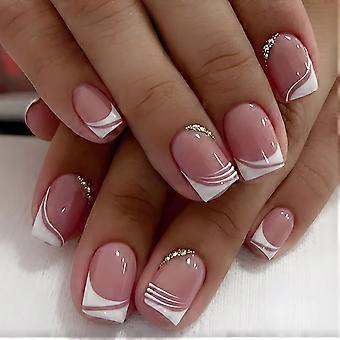 Kurze, quadratische French-Tip-Kunstnägel zum Aufkleben, rosa mit weißem Wirbel und Strasssteinen, 24-teiliges, wiederverwendbares Set