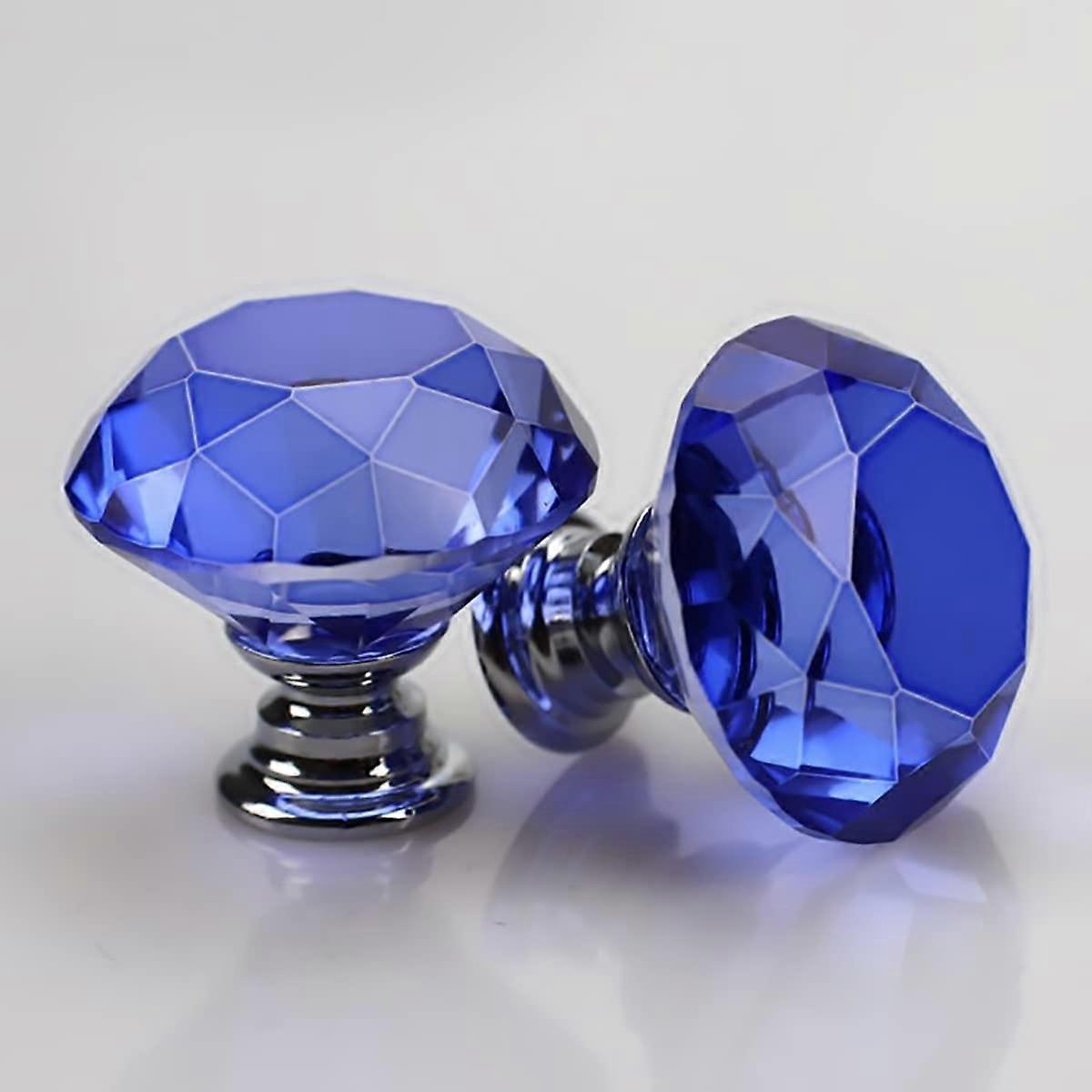 2Pcs Blue Crystal Glass Drawer Knobs 30mm Diamond Cut Cabinet Pull Handles for Cupboard Wardrobe