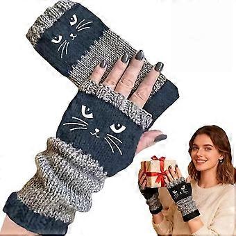 Gebreide vingerloze handschoenen voor dames, met een vintage breipatroon en schattige kattenborduursels, speciaal ontworpen voor vrouwen.