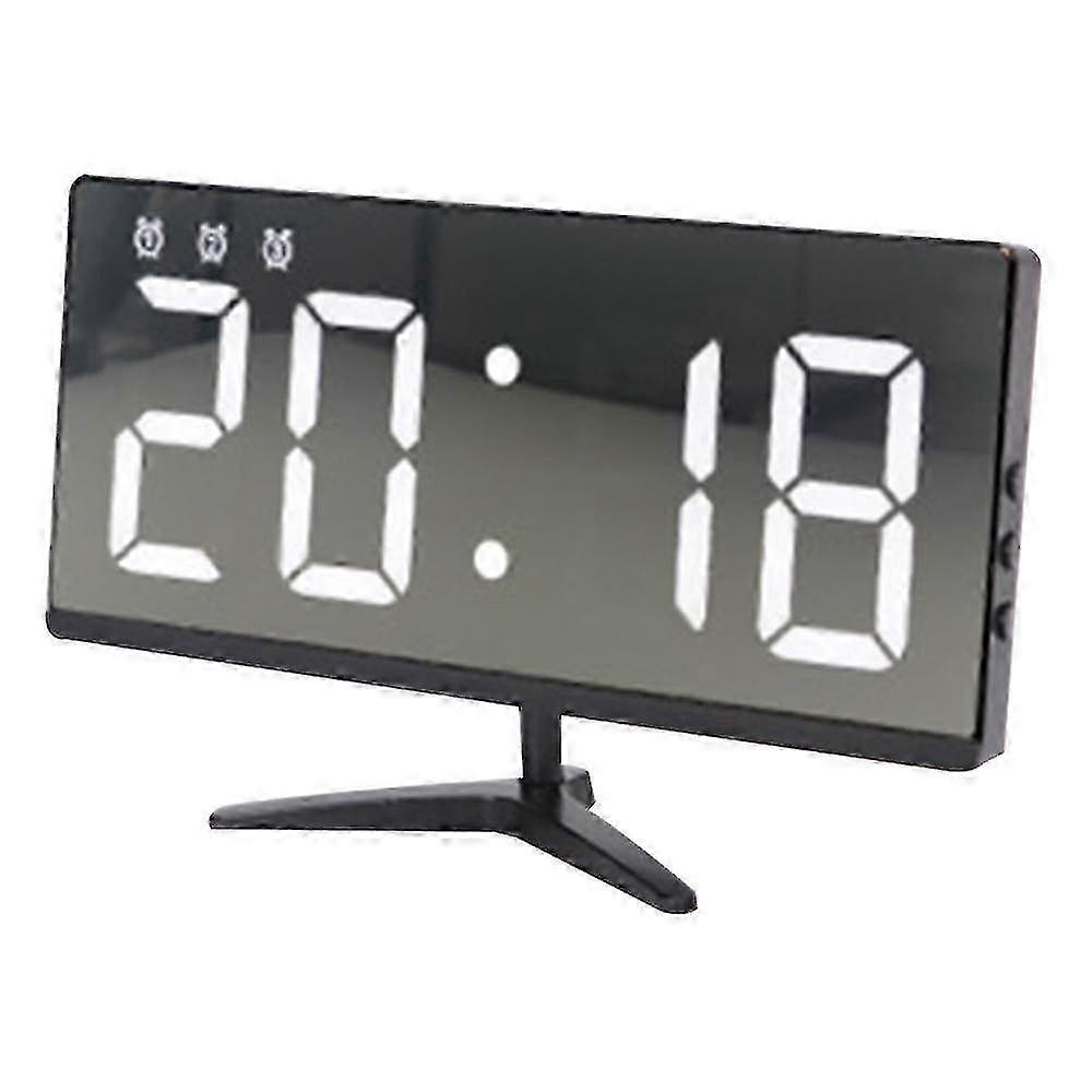 This multi-functional LED alarm clock features brightness adjustment, a mirror, temperature display, and a snooze function.