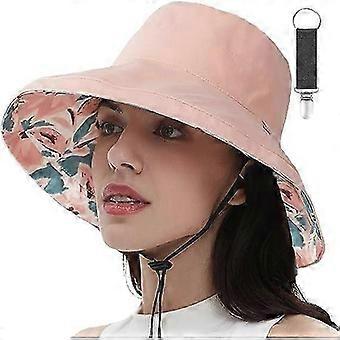 Womens Sun Hats Wide Brim Reversible Bucket Cotton Hat Packable Summer Travel Cap with Hat Clip, UV Protection Pink