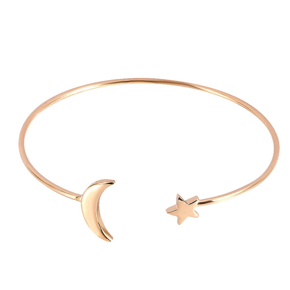 Female Open Bracelet Copper Plating Wristband Bangle with Moon Star Decoration (Gold)