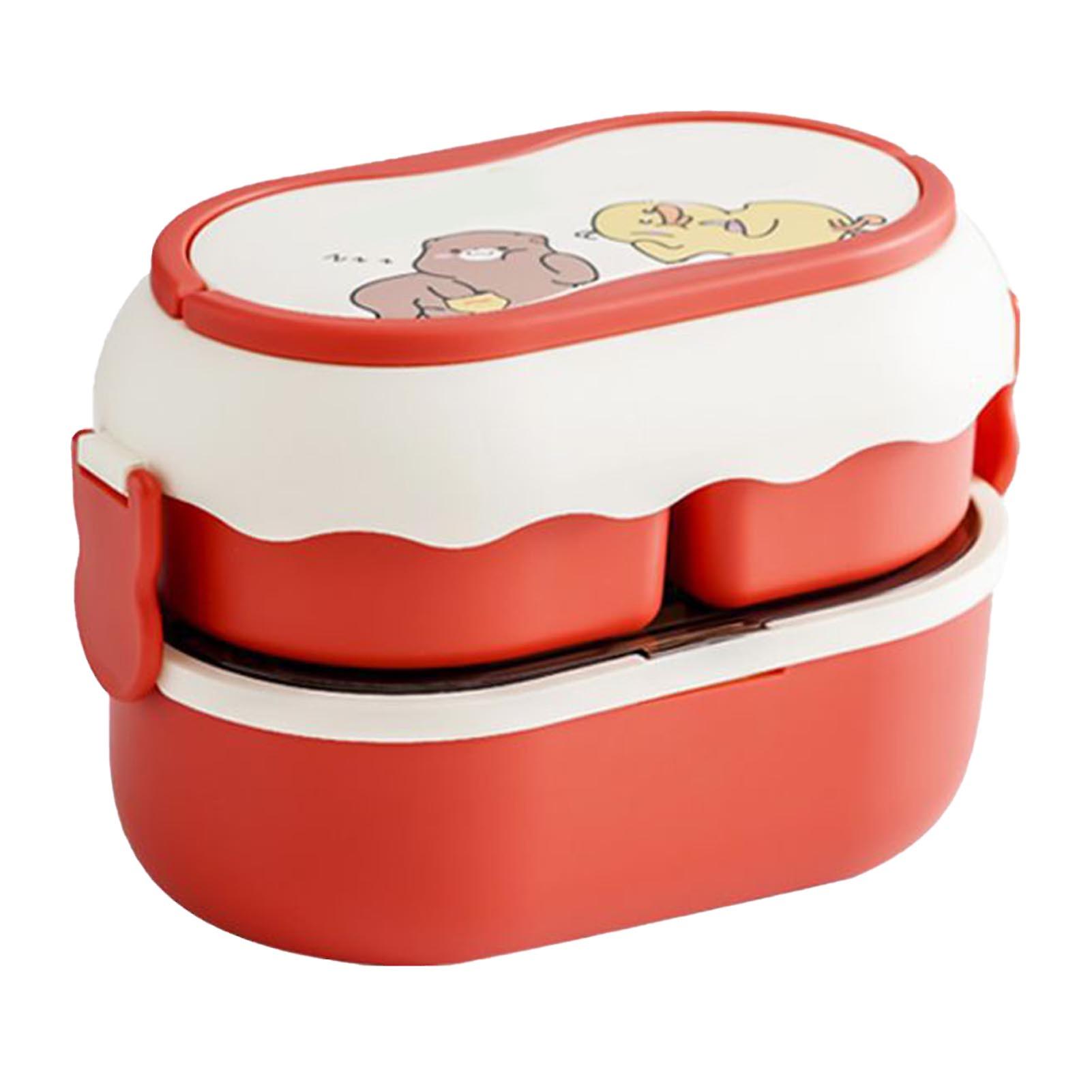 2 Tier Lunch Box Large Capacity Bento with 3 Compartments Microwavable Portable Cute Red Food Container