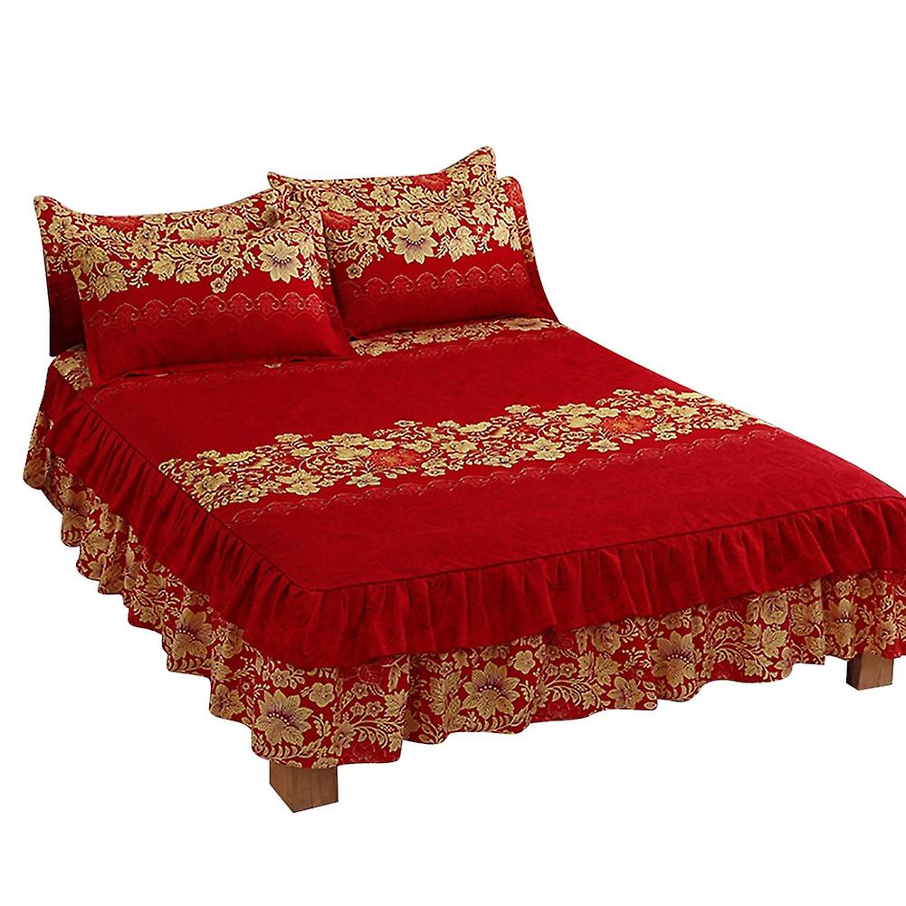 3pcs/set Ruffle-pleated Bed Skirt Bed Sheet Pillow Cases Breathable Bedding Set (1.5M Bed)